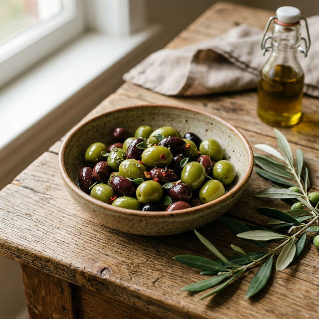 Sofra üzerinde kasede zeytin ve zeytin dalı